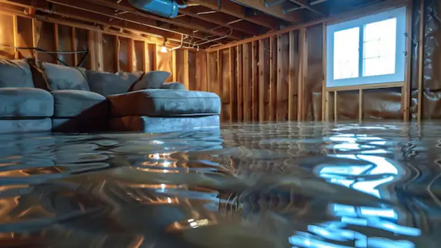 Basement with exposed wall studs and a couch sitting in shallow standing water