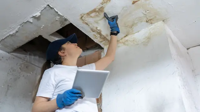 Inspector in gloves checking a water-stained ceiling opening while holding a tablet
