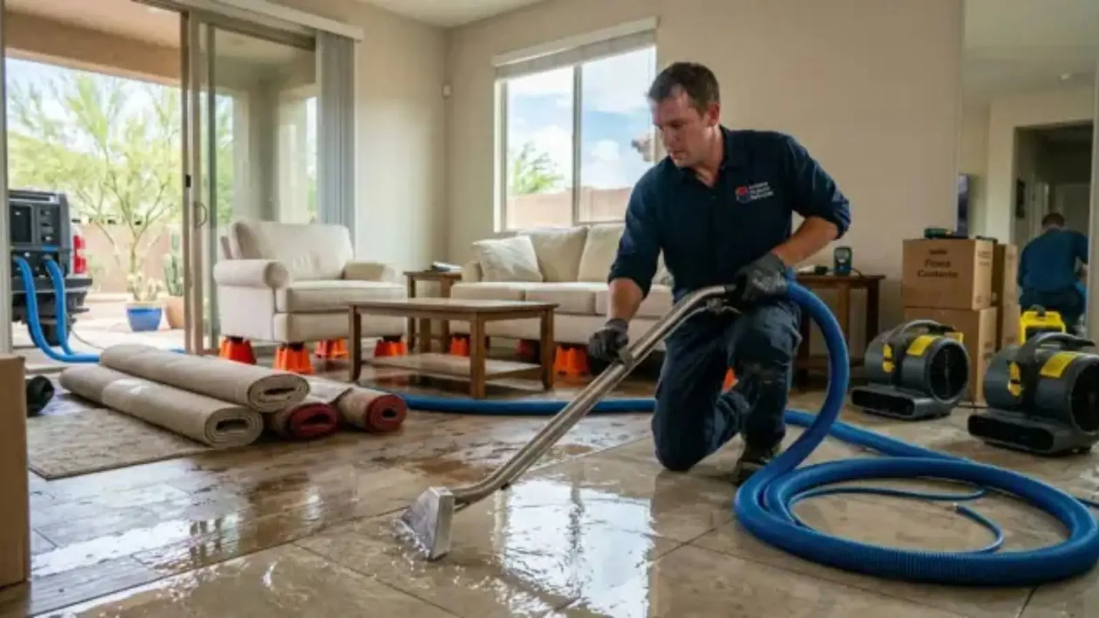 Technician kneeling in a living room with an extraction hose, air movers and rolled-up wet rugs