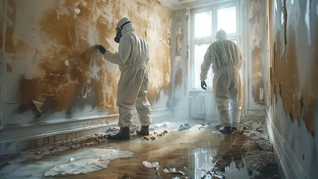 Two technicians in protective suits and respirators working in a room with moldy walls