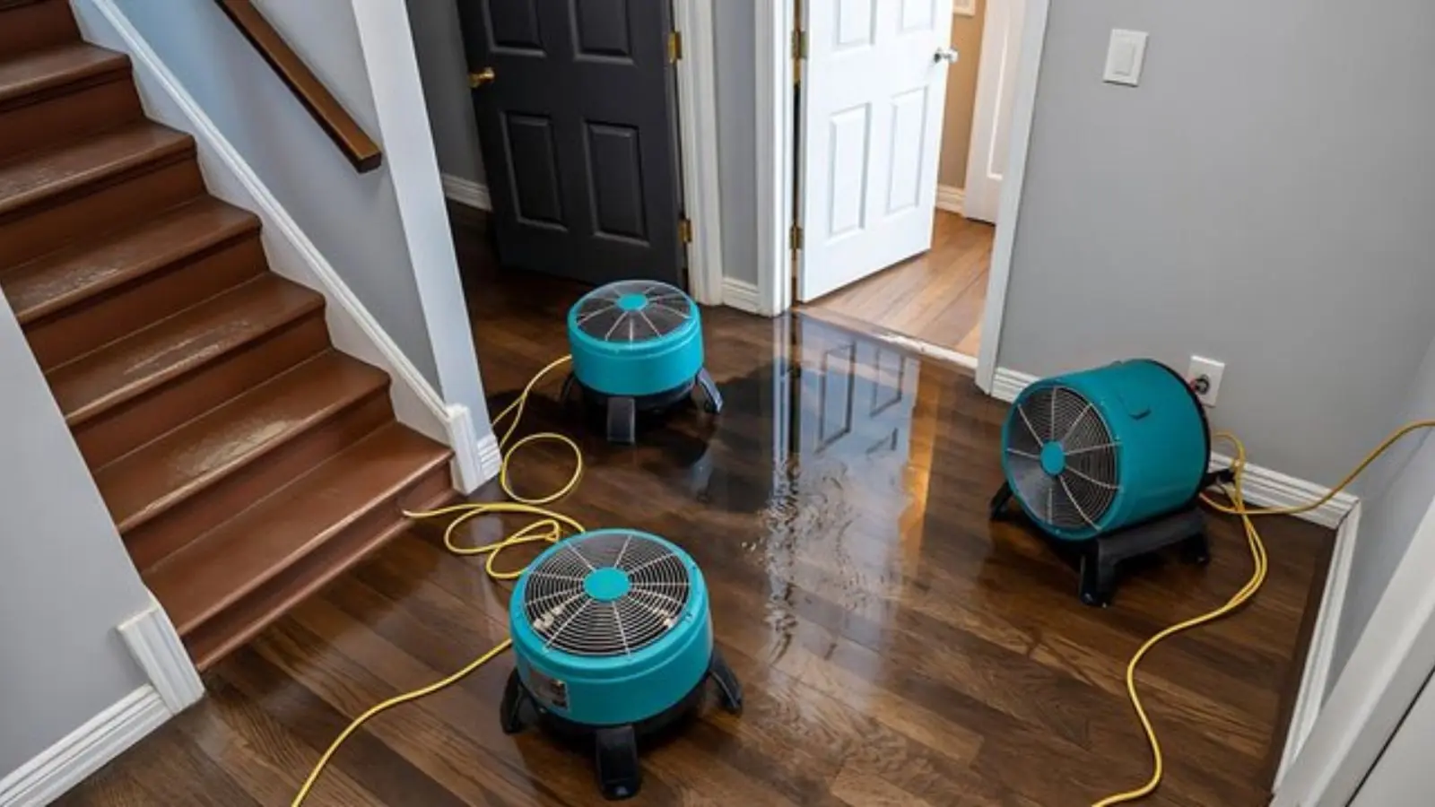 Three air movers drying a wet hardwood floor at the base of a staircase