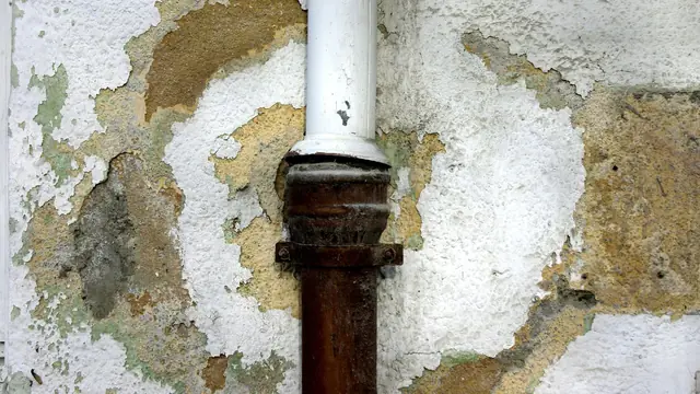 Wall with stained, flaking plaster around a rusted vertical pipe